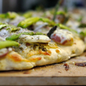 St. Patrick's Day Pizza: Asparagus and Potato Pizza with Pesto and Carmelized Onions